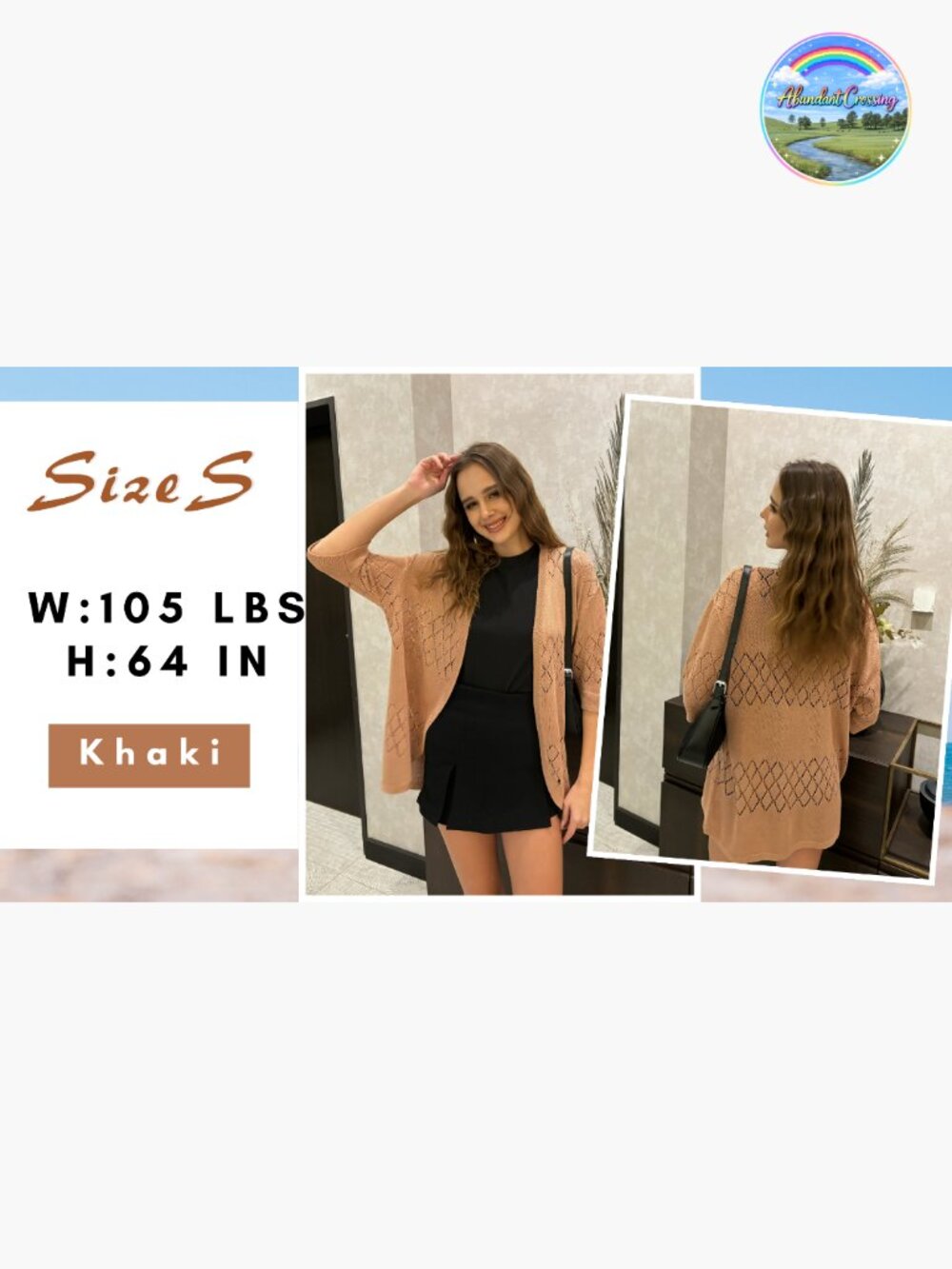 Lightweight Crochet Cardigan Sweater Open Front 3/4 Sleeve Boho Cover Up - Picture 6 of 7